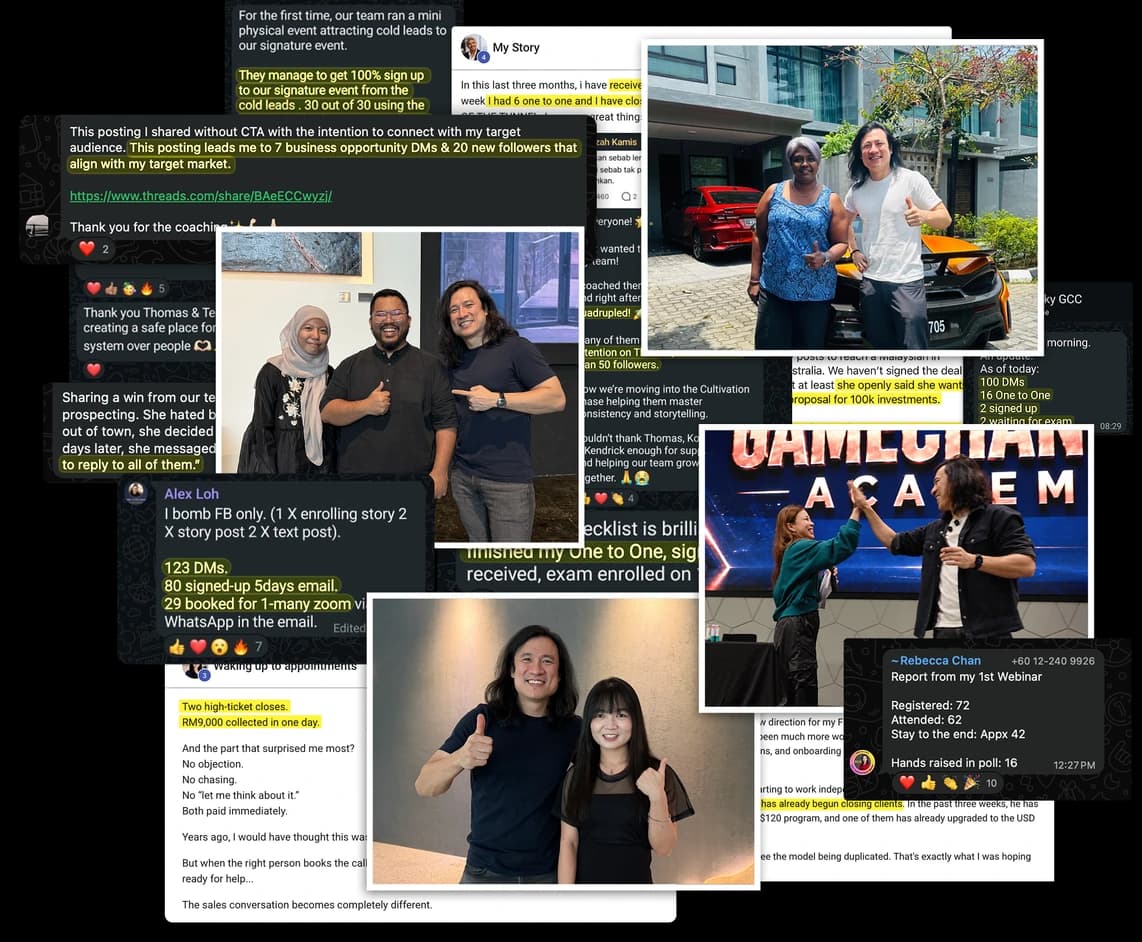 Photos of Azim, Vicky, Rebecca and Dr Nan Jun with Thomas, layered with client messages reporting 100% sign-up from cold leads, 123 DMs, two high-ticket closes in one day, a webinar with 62 attendees, and 69 prospects contacted